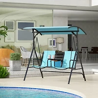 Outsunny 2 Person Porch Swing with Canopy, Storage Table, Cup Holder, Blue