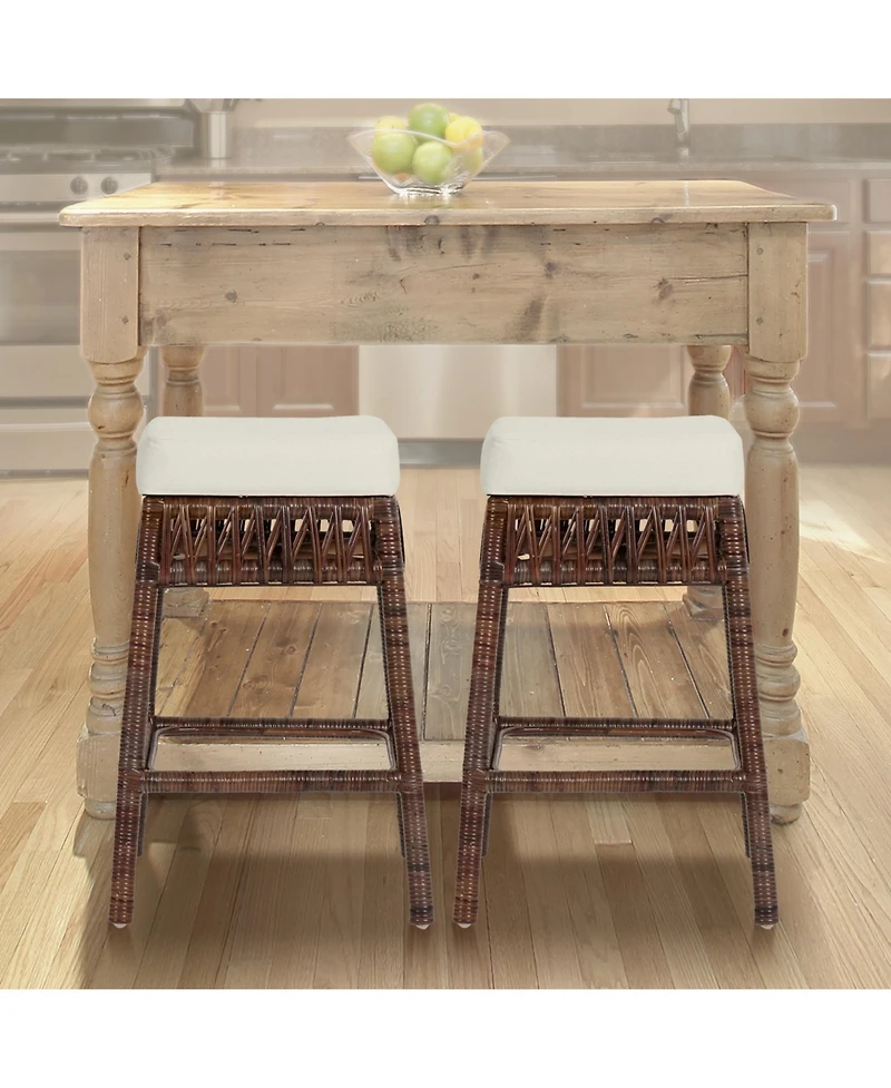Jonathan Y Bali 25.5" Bohemian Basics Rattan Backless Counter Stool, White Cushion with Dark Brown Woven Frame