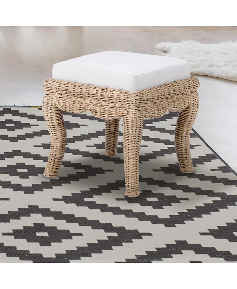 Jonathan Y Rowan 19.7" Bohemian Designer Woven Rattan/Wood Vanity Stool, White Cushion with Natural Frame