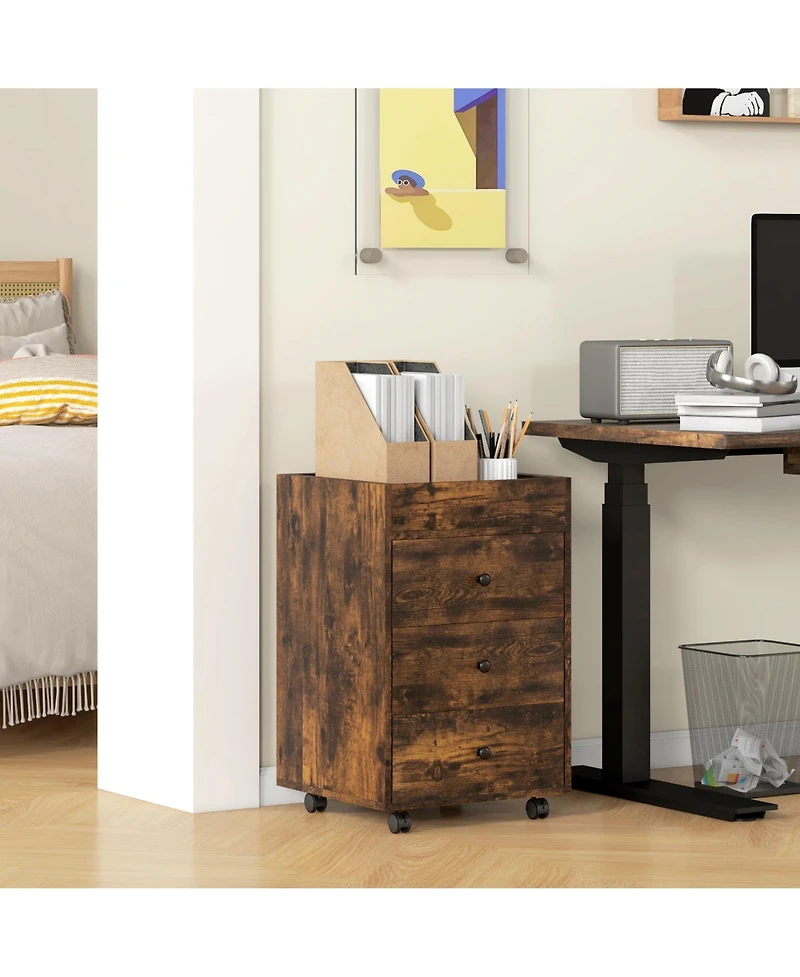 Homcom 3 Drawer Storage Cabinet with Wheels Tray for Home Office, Walnut