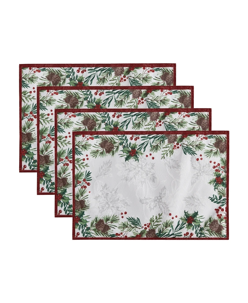 Elrene Holly Berry Flourish Holiday Fabric Placemat 19"x 13", Set of 4