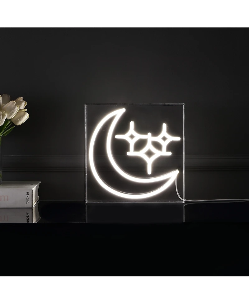 Jonathan Y Starry Crescent Square Contemporary Glam Acrylic Box Usb Operated Led Neon Light
