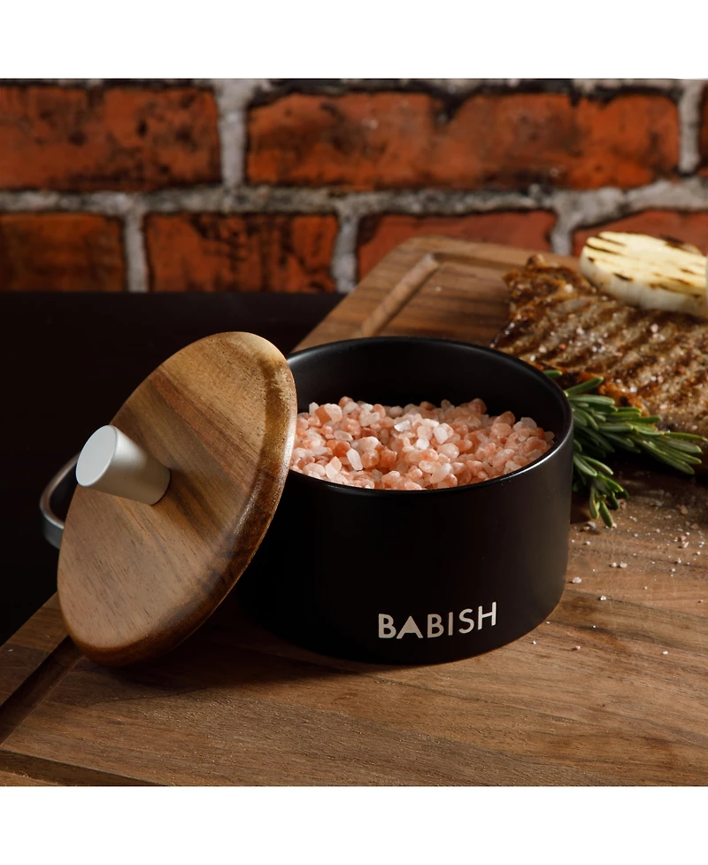 Babish Stoneware Salt Cellar W/ Wood Lid - Stoneware - 4" X 3.5"