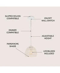 Jonathan Y Campana 8.25" 1-Light Bohemian Modern Woven Rope/Iron Led Pendant, White