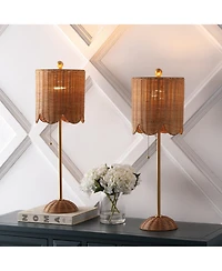 Jonathan Y Celerie 27.5" Coastal Bohemian Rattan/Iron Scalloped Buffet Led Table Lamp with Pull Chain, Natural/Brass Gold (Set of 2)