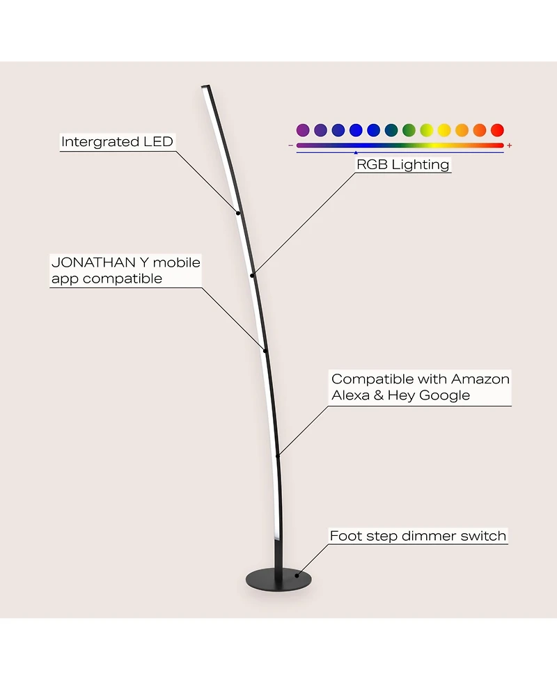 Jonathan Y Malthe 71" Modern Contemporary Aluminum/Iron Arc Integrated Led Floor Lamp, Black