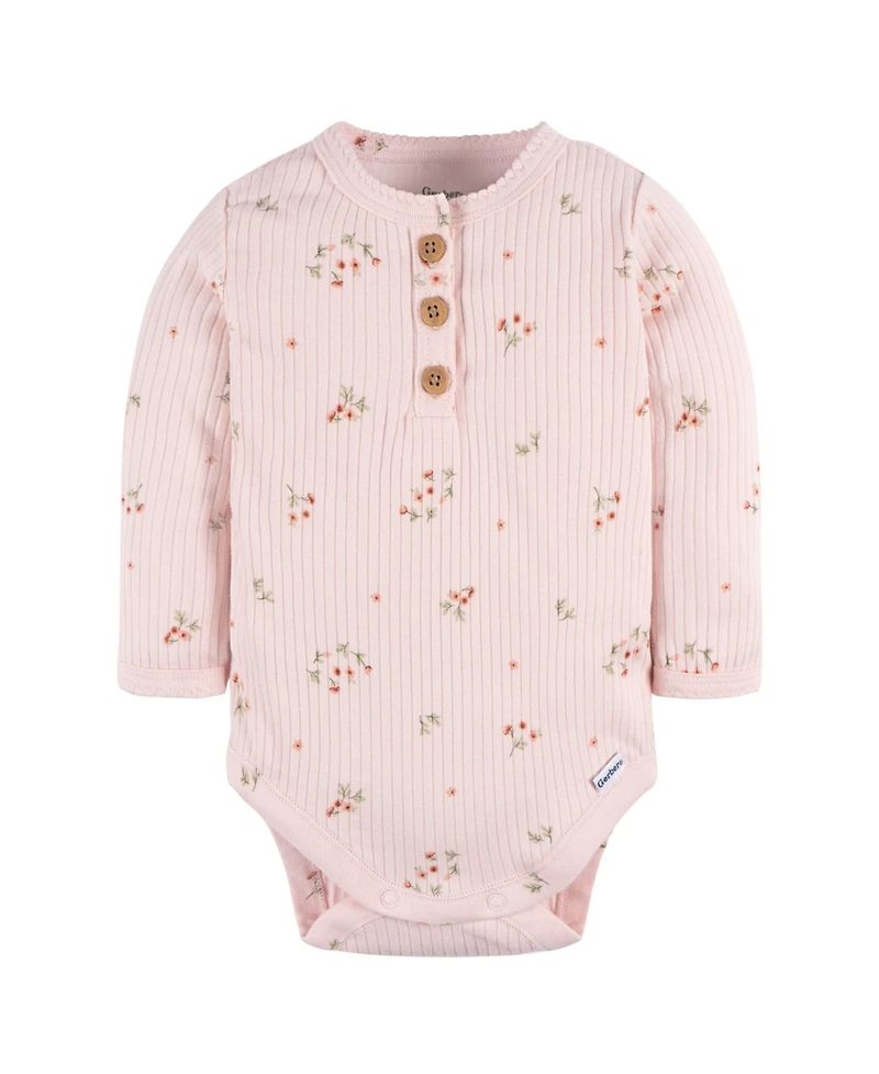 Gerber Baby Girls Henley Long Sleeve Bodysuits, 2-Pack