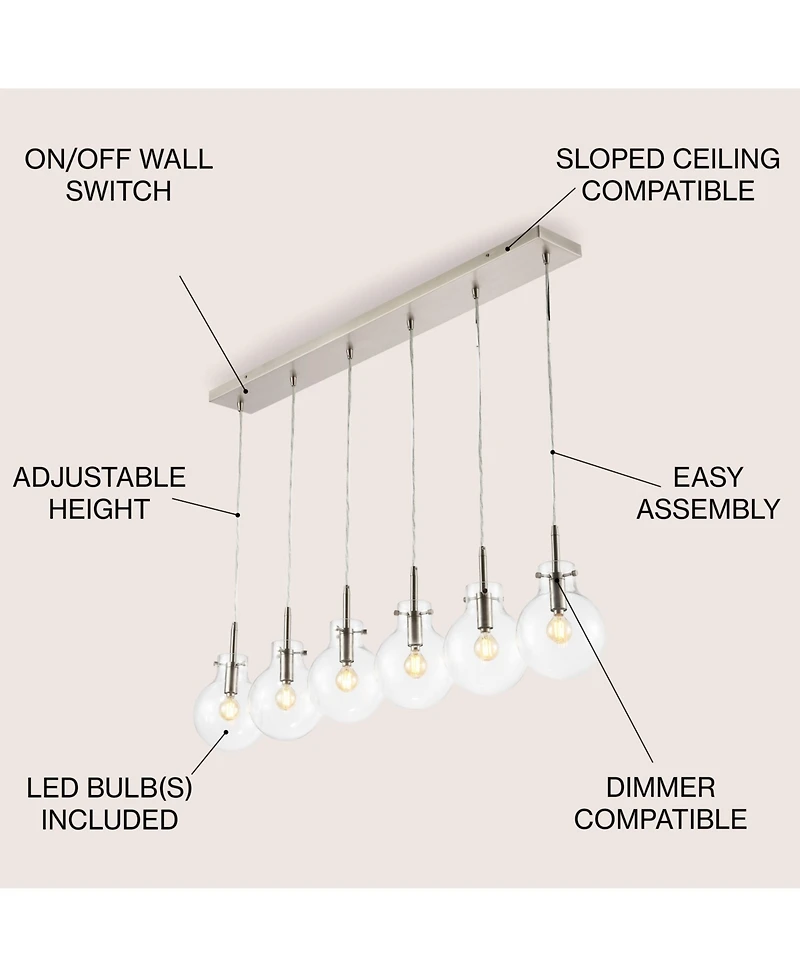Jonathan Y Harlow 40.5" 6-Light Modern Contemporary Round Glass/Iron Led Linear Pendant, Nickel/Clear