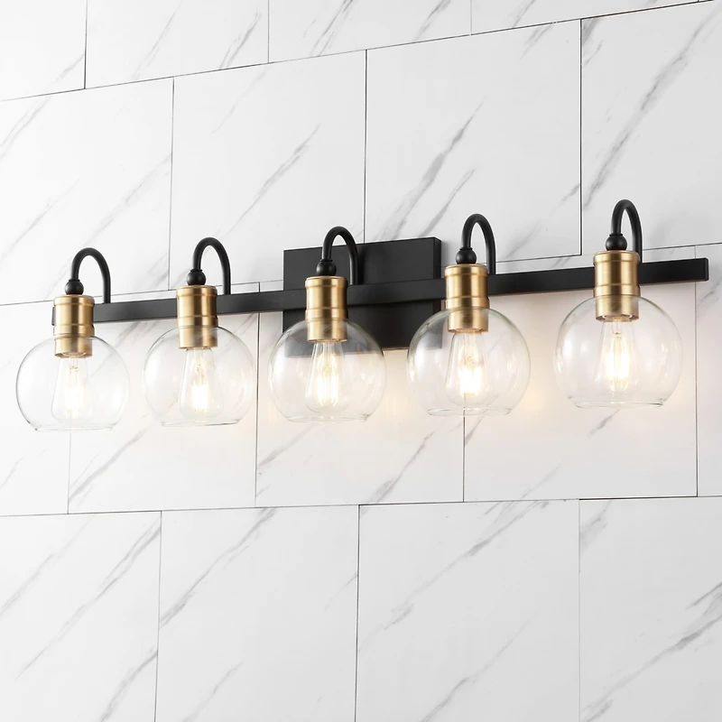 Jonathan Y Marais 36.5" 5-Light Iron/Glass Rustic Vintage Led Vanity Light, Black/Brass Gold