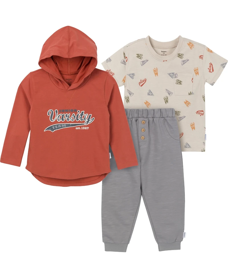 Gerber Toddler Boys Top, Hooded Long Sleeve and Joggers, 3-Piece Set