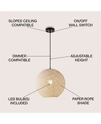 Jonathan Y Lacey 16" 1-Light Bohemian Minimalist Iron/Rope Woven Globe Led Pendant, White/Black