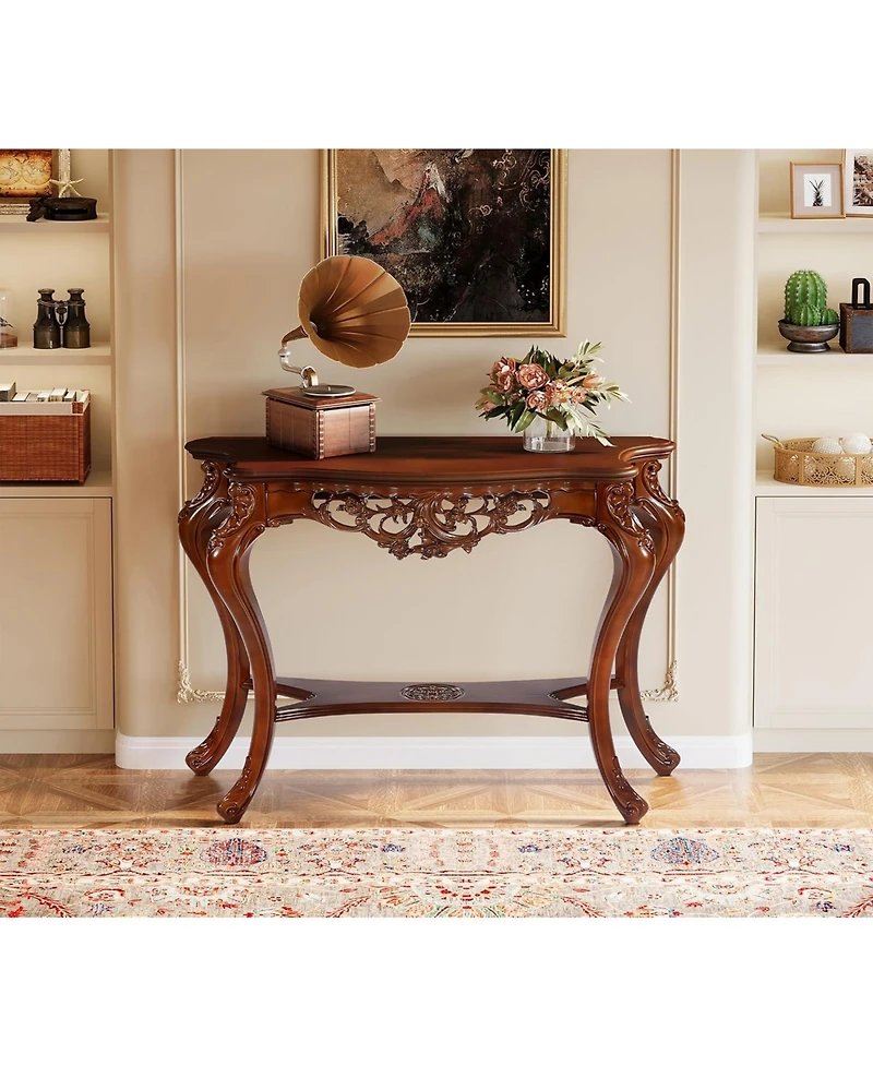 Tribesigns Antique Console Table, 38 Inch Victorian Half Moon Sofa Table with Hollow Floral Apron and Cabriole Legs for Entryway, Hallway, Living Room