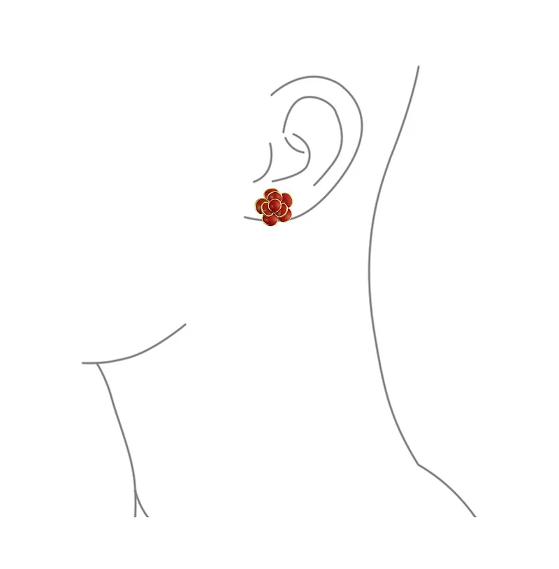 Bling Jewelry Retro Enamel Rose Flower Clip On Earrings Button Style For Non Pierced Ears Gold Plated Brass