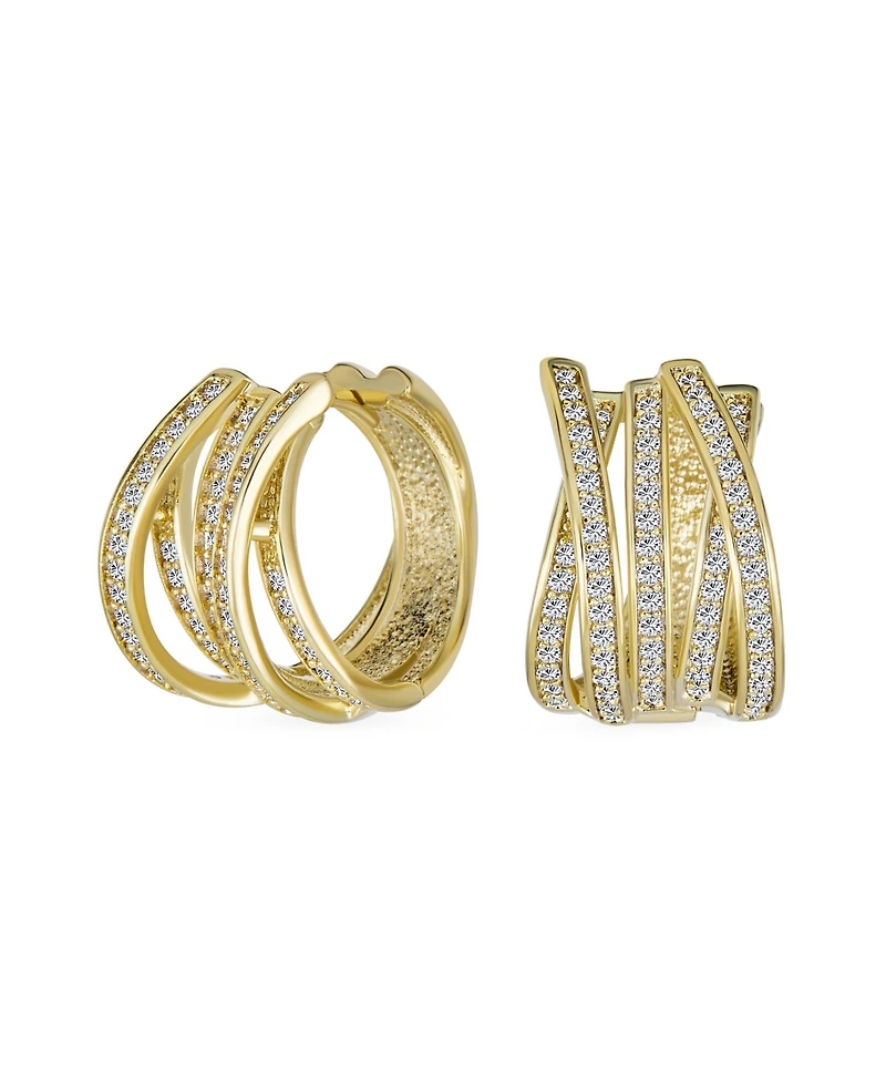 Bling Jewelry Pave Cz Five Rows Wide Criss Cross Huggie Hoop Earrings Wedding Party 0.6 Inch Gold Plated