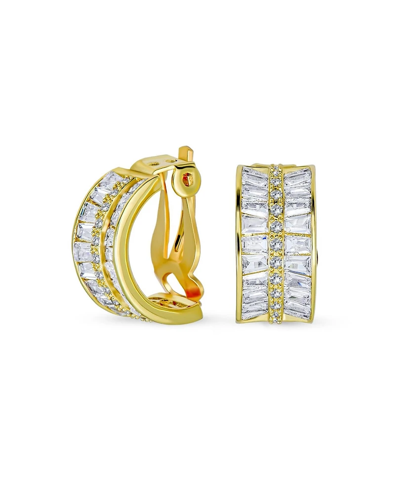 Bling Jewelry Art Deco Style Statement Cz Half Hoop Baguette Earrings Clip On Yellow Gold Plated