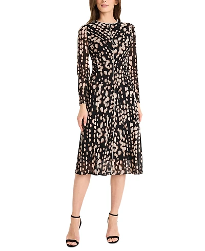 Maggy London Women's Printed Long-Sleeve Pleated Dress