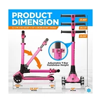 Hurtle 3-Wheel Foldable Kids Scooter - Child Toy Scooter with Built-in Led Wheel Lights, Easy Maneuvering Lean-to-Steer Technology (Pink)