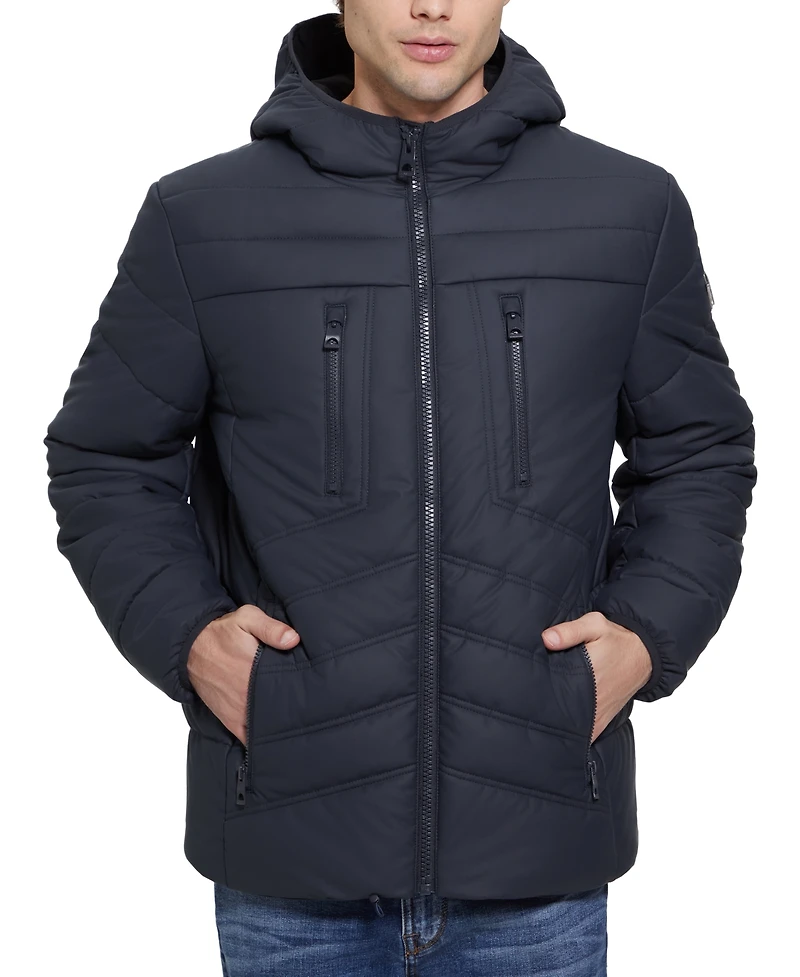 Guess Men's Quilted Faux Leather Hooded Jacket