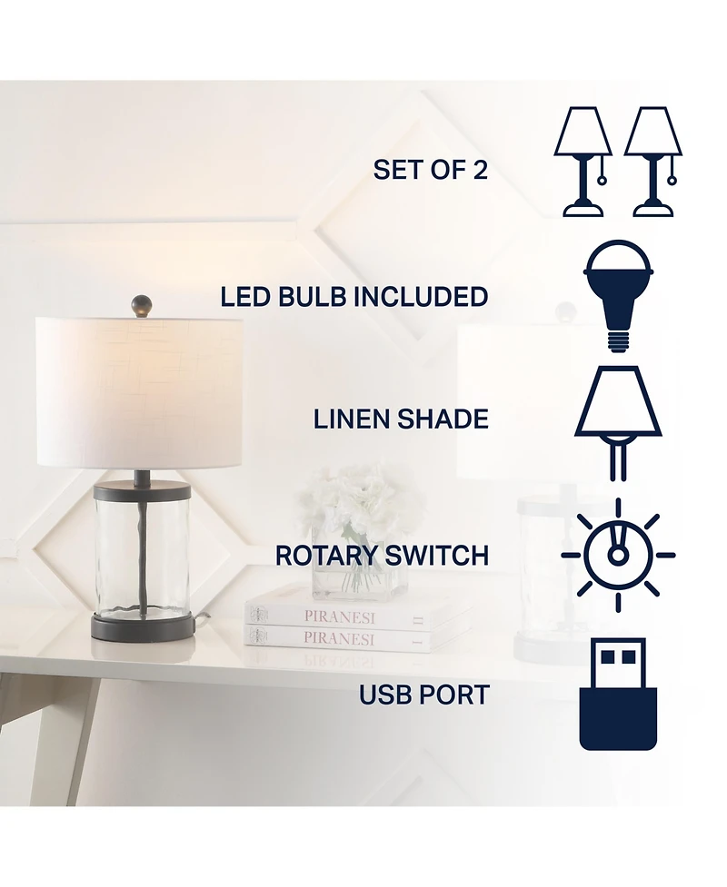 Jonathan Y Alexander 21" Modern Designer Iron/Water Glass Led Table Lamp with Usb Charging Port, Black/Clear (Set of 2)