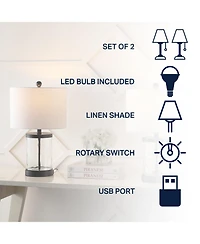 Jonathan Y Alexander 21" Modern Designer Iron/Water Glass Led Table Lamp with Usb Charging Port, Black/Clear (Set of 2)
