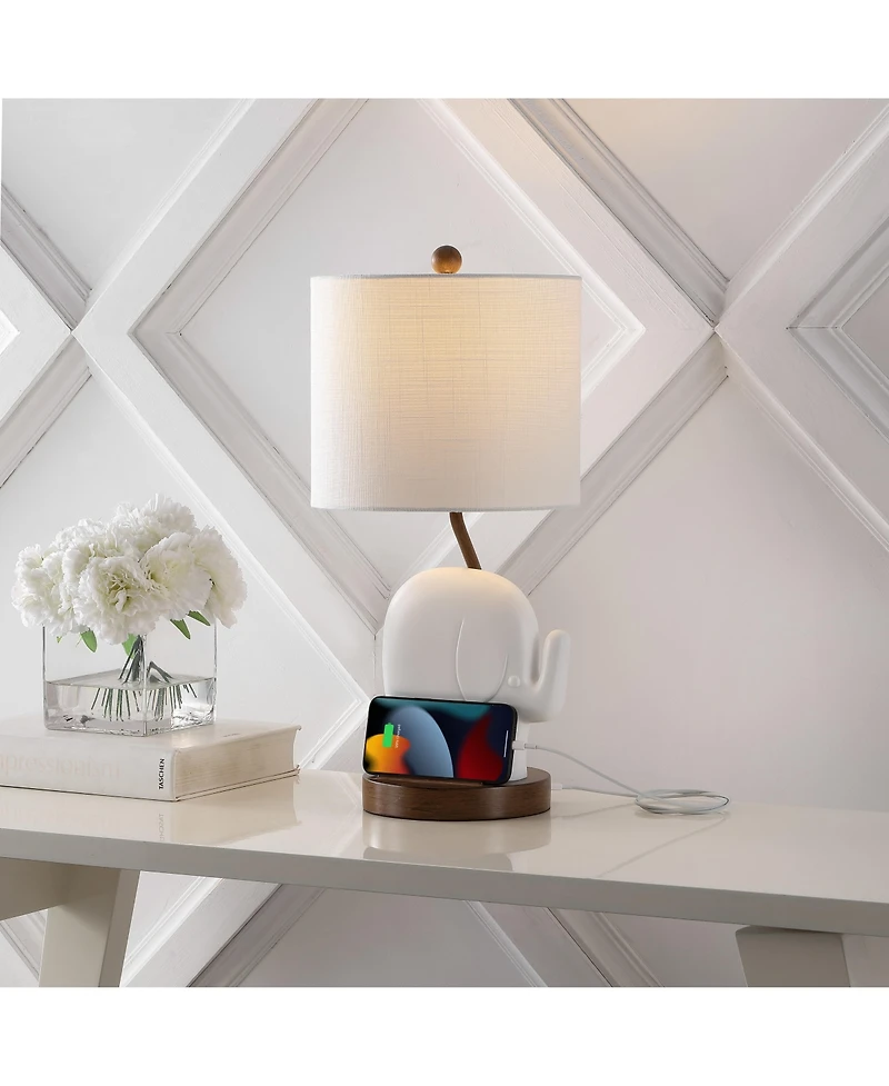 Jonathan Y Ellie 20.25" Bohemian Designer Iron/Resin Elephant Led Kids' Table Lamp with Phone Stand and Usb Charging Port, Pink