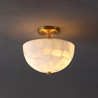 Jonathan Y Celine 11.88" 2-Light Modern Contemporary Alabaster/Iron Inverted Dome Led Semi Flush Mount, White Marbling/Brass Gold