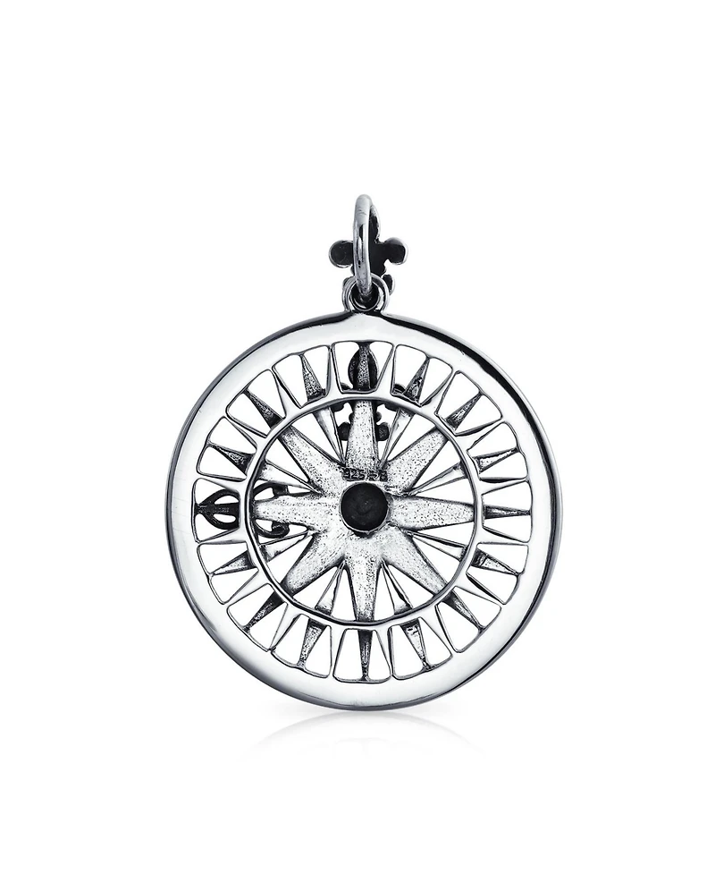 Bling Jewelry Round Medallion Navigation Direction Large Celtic Fleur De Lis Nautical Rose Compass Pendant Necklace Graduation Oxidized Sterling Silve
