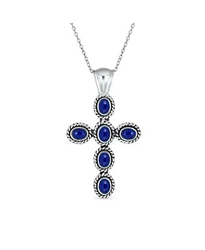 Bling Jewelry South Western Style Blue Natural Lapis Lazuli Rope Bezel Set Cross Pendant Sterling Silver Necklace 18 In Chain 1.5 In
