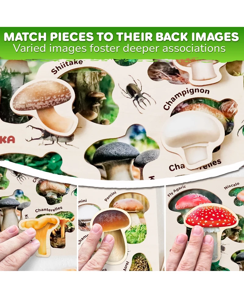 Quokka 3X Set Montessori Wooden Puzzles for Toddlers 2-4 – Mushrooms Flowers Leaves