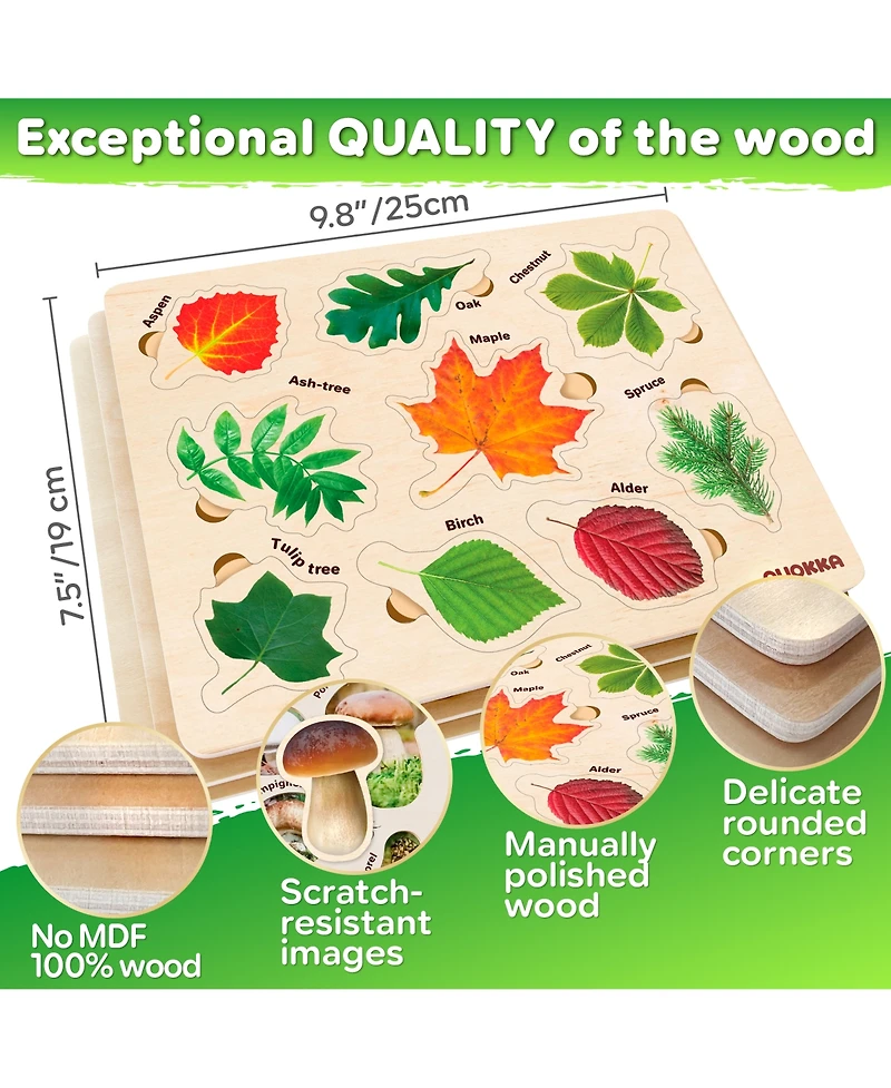 Quokka 3X Set Montessori Wooden Puzzles for Toddlers 2-4 – Mushrooms Flowers Leaves