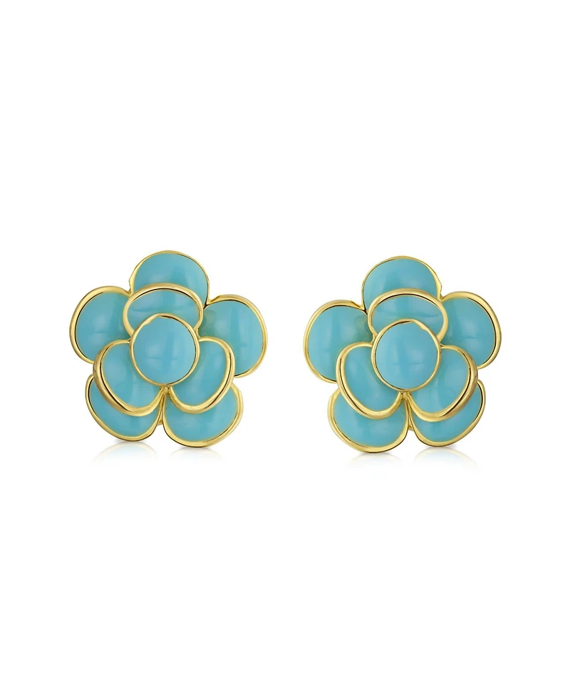 Bling Jewelry Set of 2 Fashion Enamel 3D Blue White Rose Flower Clip-On Earrings Gold Plated