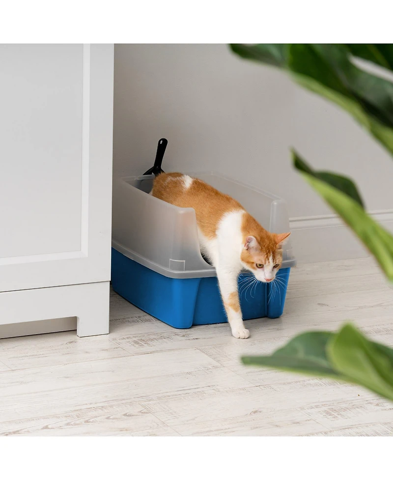 Iris Usa Usa Open Top Cat Litter Tray with Scoop and Scatter Shield, Cat Litter Pan, Blue