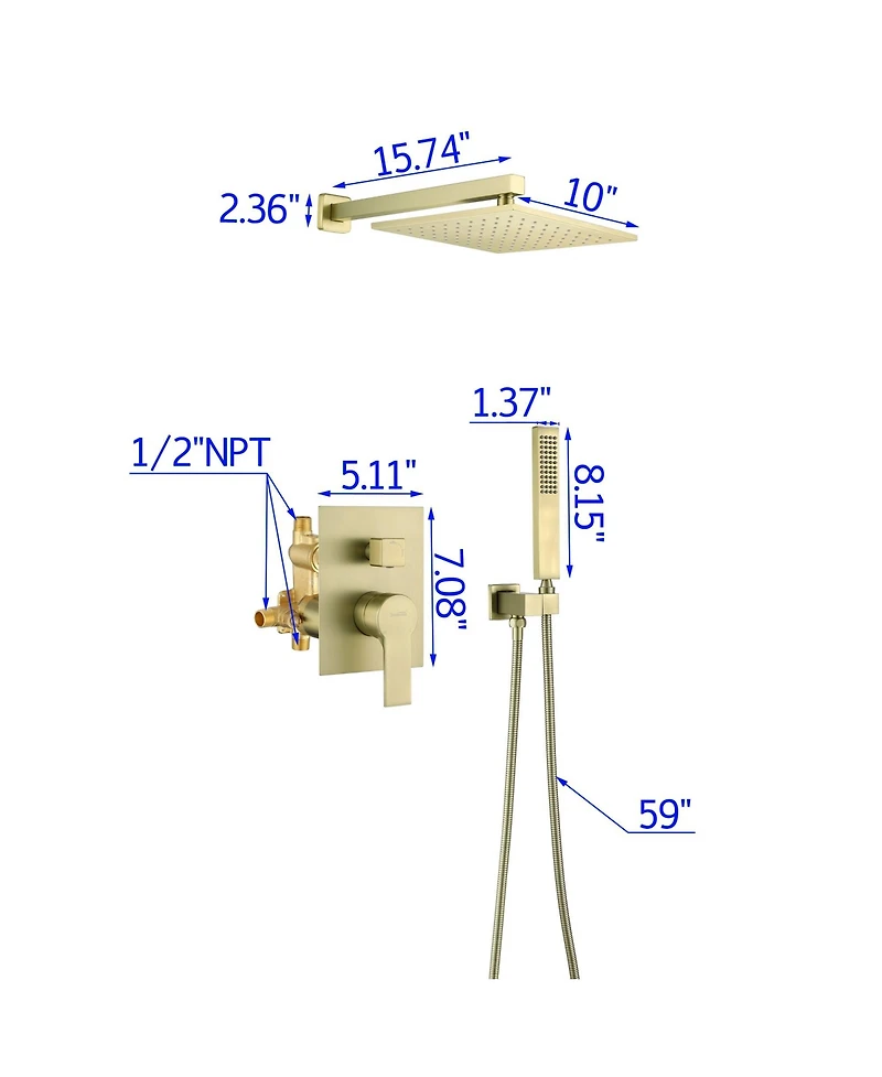 Boyel Living 1-Spray Patterns with 2.66 Gpm 10 in. Wall Mount Dual Shower Heads with Rough-In Valve Body and Trim in Brushed Gold