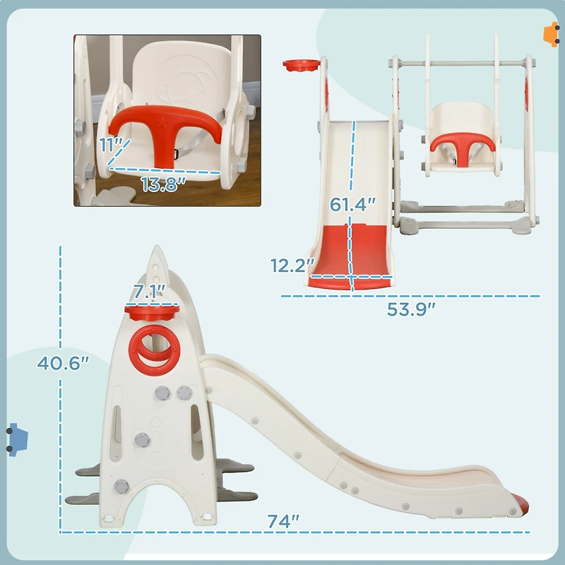 Qaba Toddler Swing and Slide Set with Basketball Hoop, Rocket Theme,