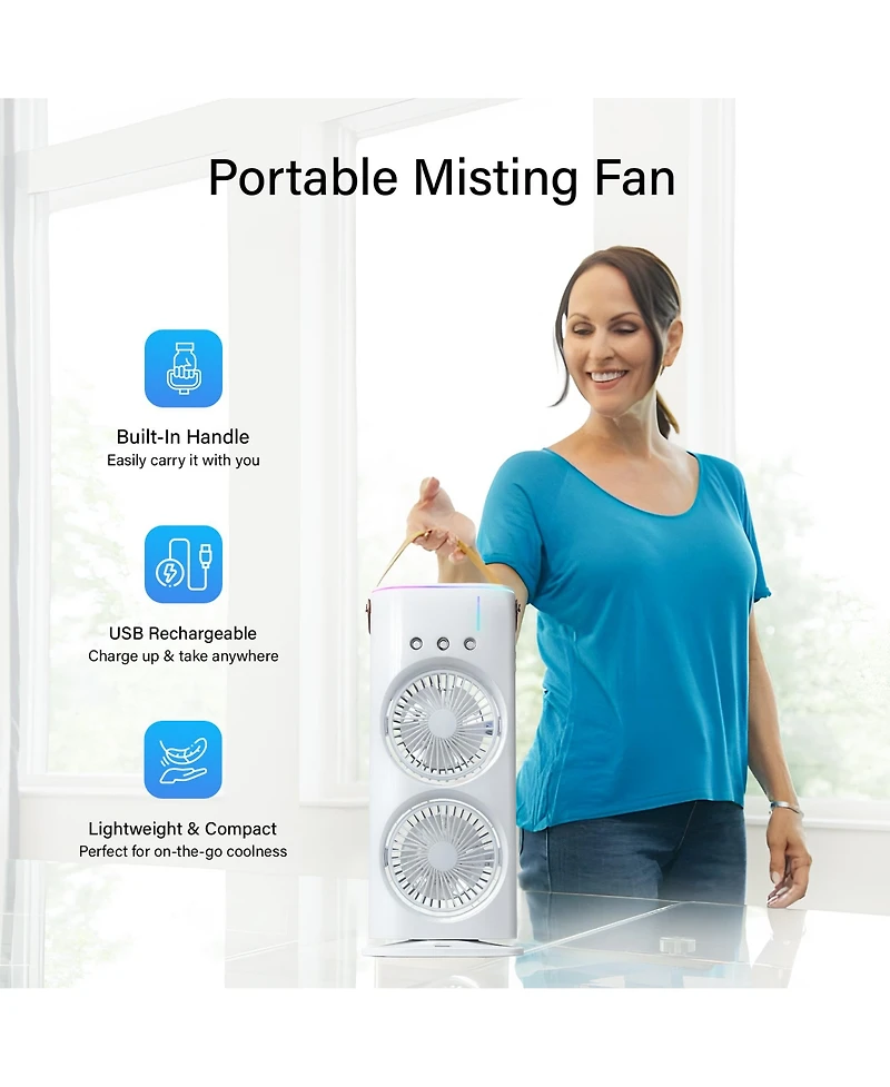 3 Fan Speeds Rechargeable Led Cooling Oscillation Personal Dual Misting Fan in White with Remote