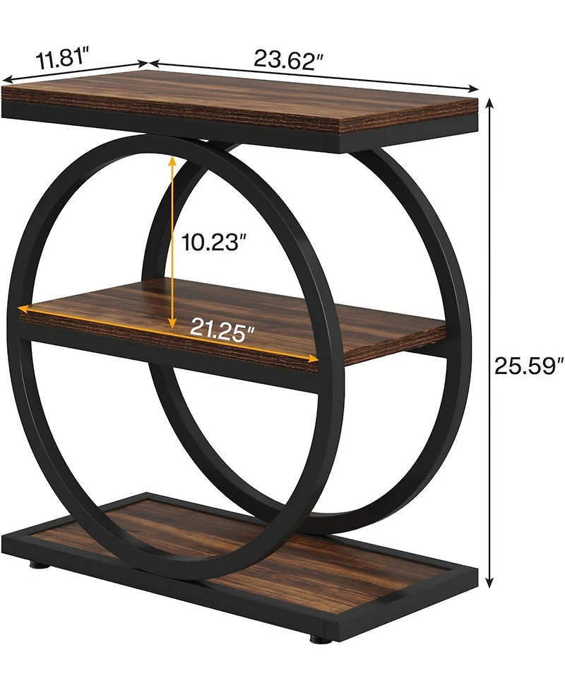 Tribesigns End Table Set of 2, Narrow with 3 Storage Shelves, Wooden Nightstand Metal Frame, Small Sofa Side