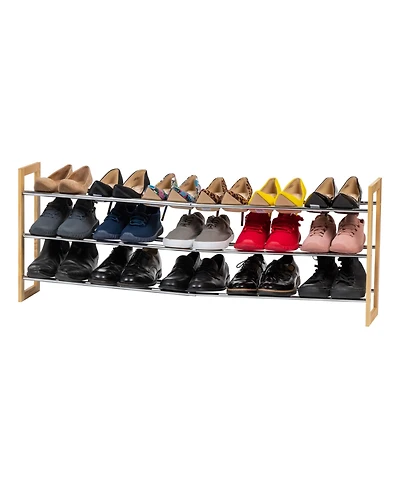 Iris Usa 3 Tier Extendable Pine Wood and Metal Shoe Rack for Entryway, Up to 15 pairs