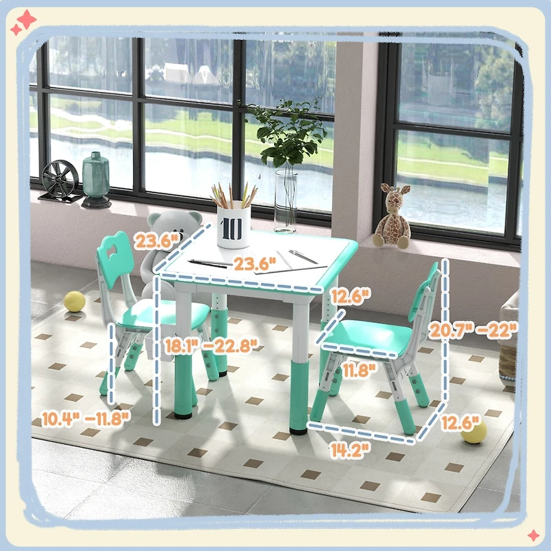 Qaba 3 Piece Height Adjustable Kids Table and Chairs for Daycare,
