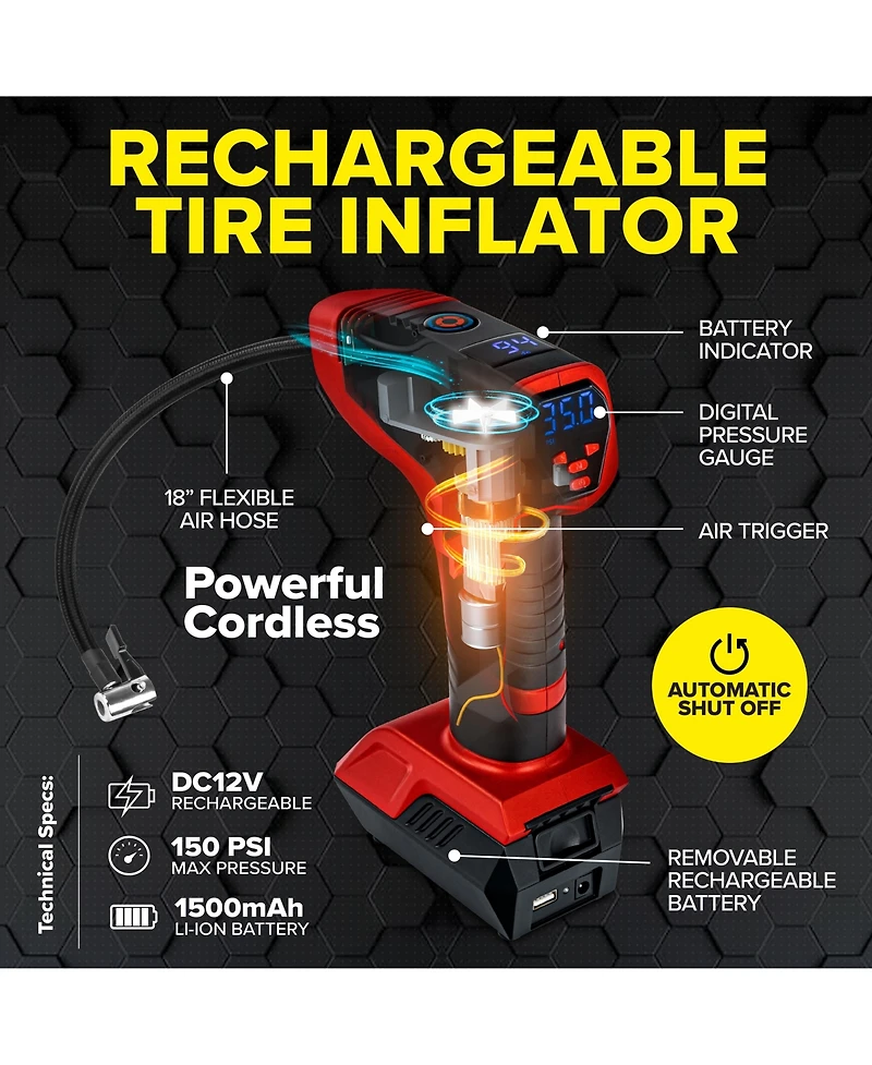 Bullseye Pro 150 Psi Cordless Handheld Rechargeable Tire Inflator with Digital Pressure Gauge and Battery Indicator