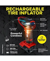 Bullseye Pro 150 Psi Cordless Handheld Rechargeable Tire Inflator with Digital Pressure Gauge and Battery Indicator