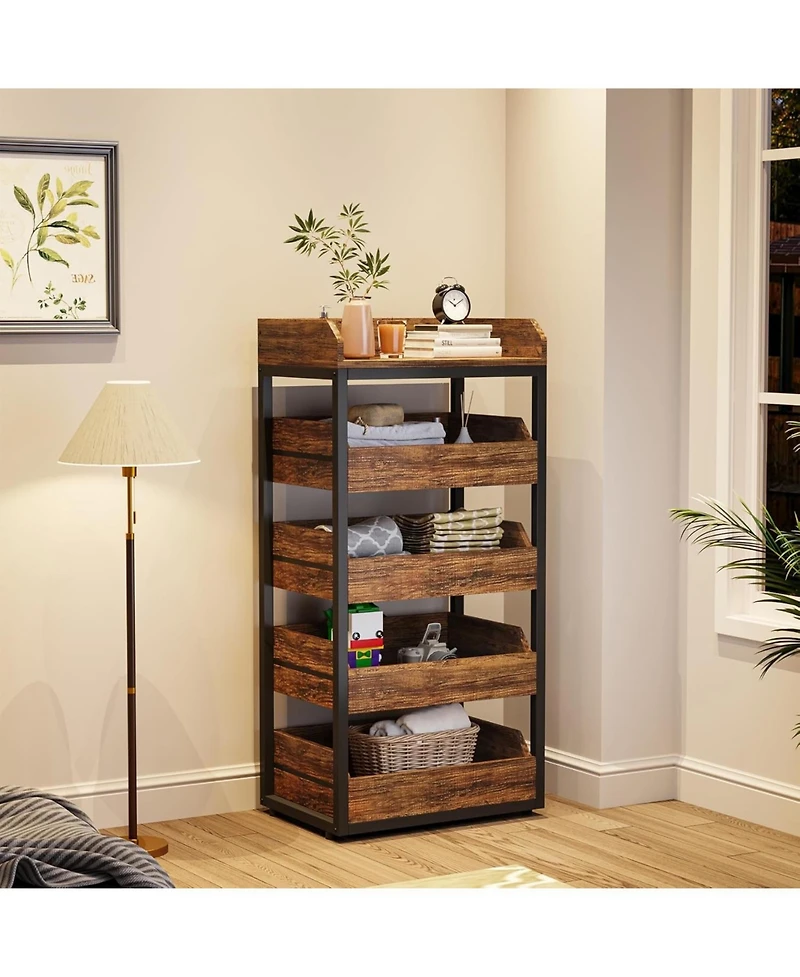 Tribesigns Wood Fruit and Vegetable Storage Rack, 5-Tier Pull-Out Snack Stand Fruit Basket Stand, Utility Shelf Organizer, Rustic Brown