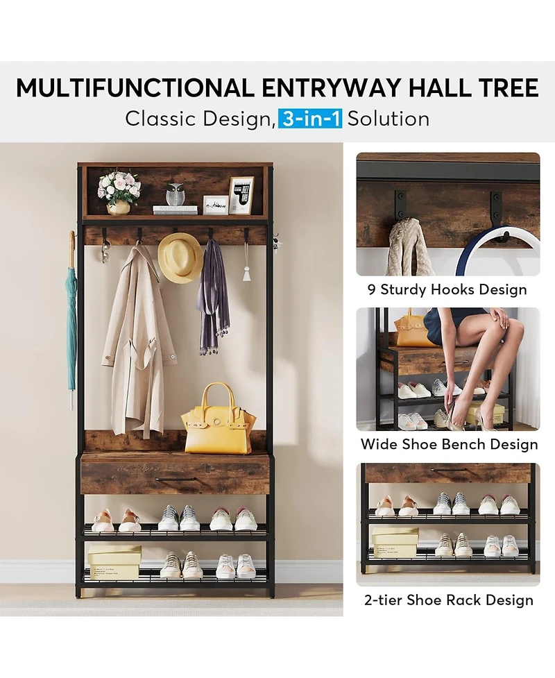 Tribesigns 3-in-1 Entryway Hall Tree with Drawer, Vintage Industrial Coat Rack with Shoe Bench and Hutch, Mudroom Bench with Shoe Storage rack and 9 H
