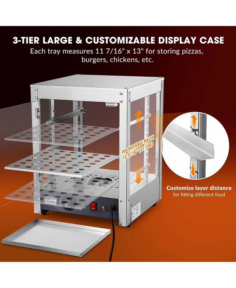 WeChef 15" Commercial Countertop Food 3-Tier Pizza Warmer with Led Adjustable Lighting Food Heater Display Case Stainless Steel for Buffet Restau