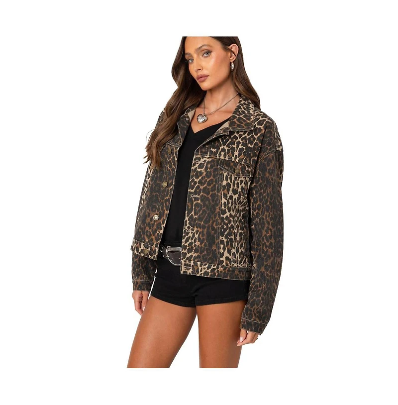 Edikted Women's Leopard Print Denim Jacket