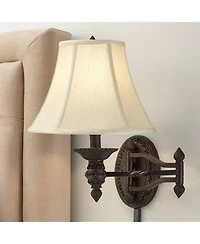 Barnes and Ivy Swing Arm Wall Lamp Bronze Plug-In Light Fixture Beige Softback Bell Shade for Bedroom Bedside Living Room Reading