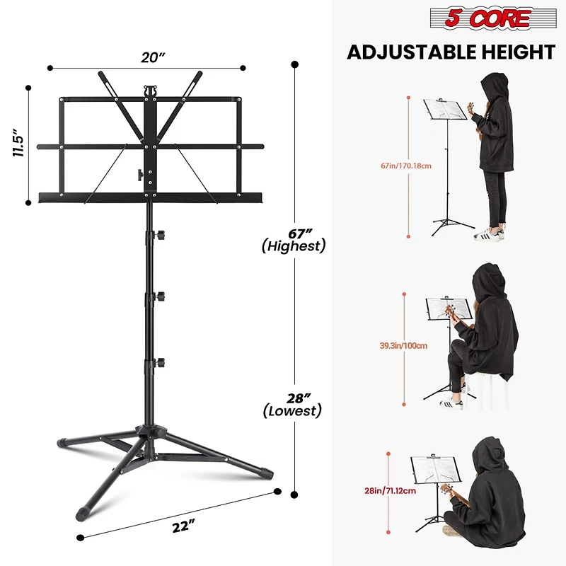 5Core Music Stand For Sheet Music Portable Tripod Adjustable Folding Note Holder