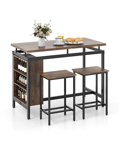 3 Pieces Dining Table Set with 3-Tier Storage Shelf and Metal Frame-Brown