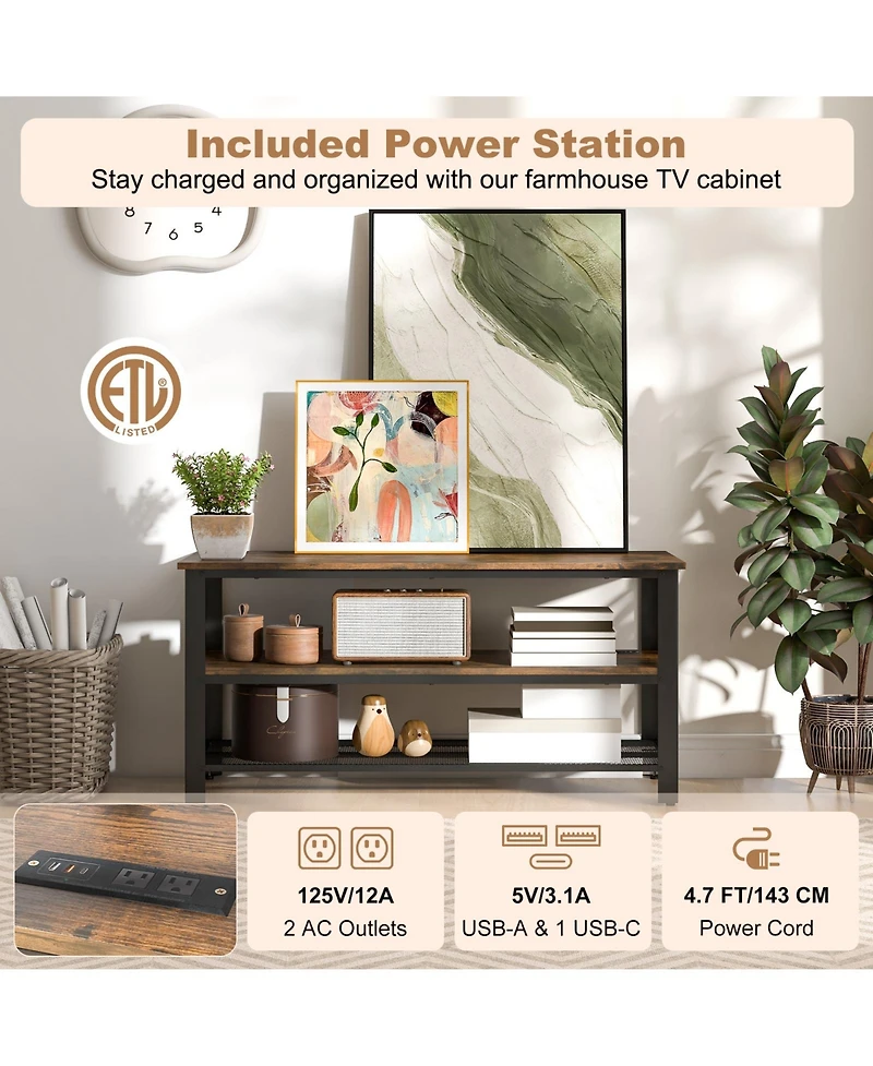 Industrial Tv Stand up to 50 Inches with Power Outlets and Usb Ports-Rustic Brown
