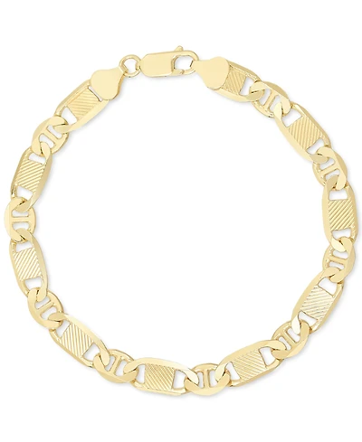 Italian Silver Men's Textured Mixed Mariner Link Chain Bracelet 14k Gold-Plated Sterling