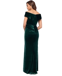 Xscape Petite Ruffled Off-The-Shoulder Velvet Gown